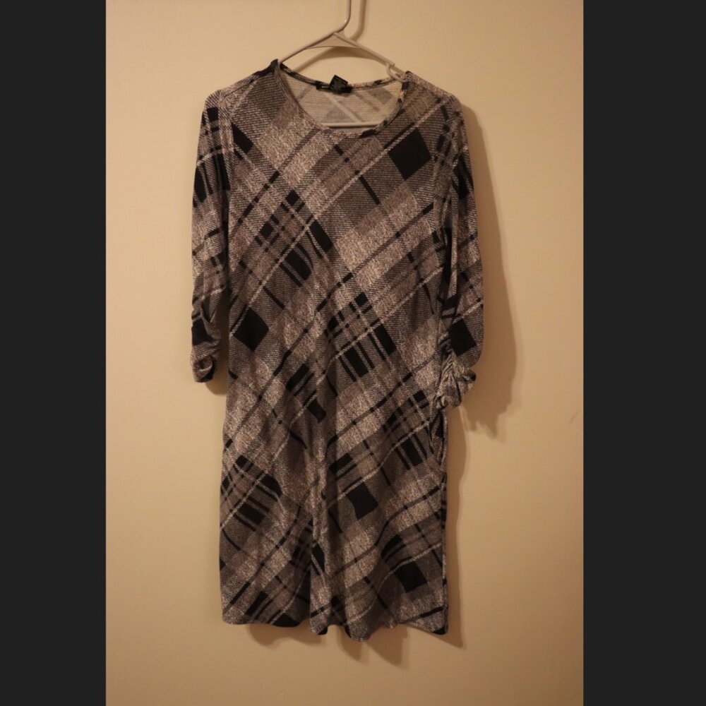 Robert Lewis black and grey large plaid design, short mini dress, a line dress,S